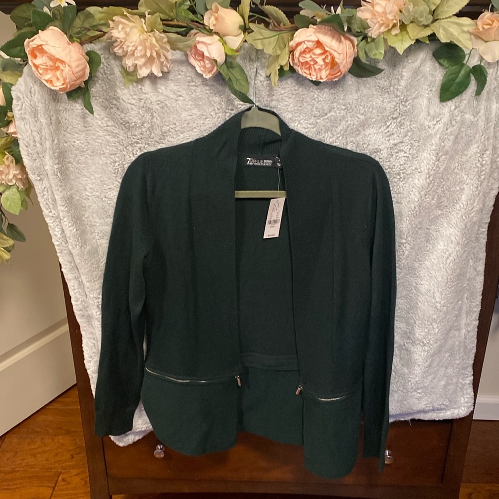 New York and Company cardigan, dark green sweater, in size small.